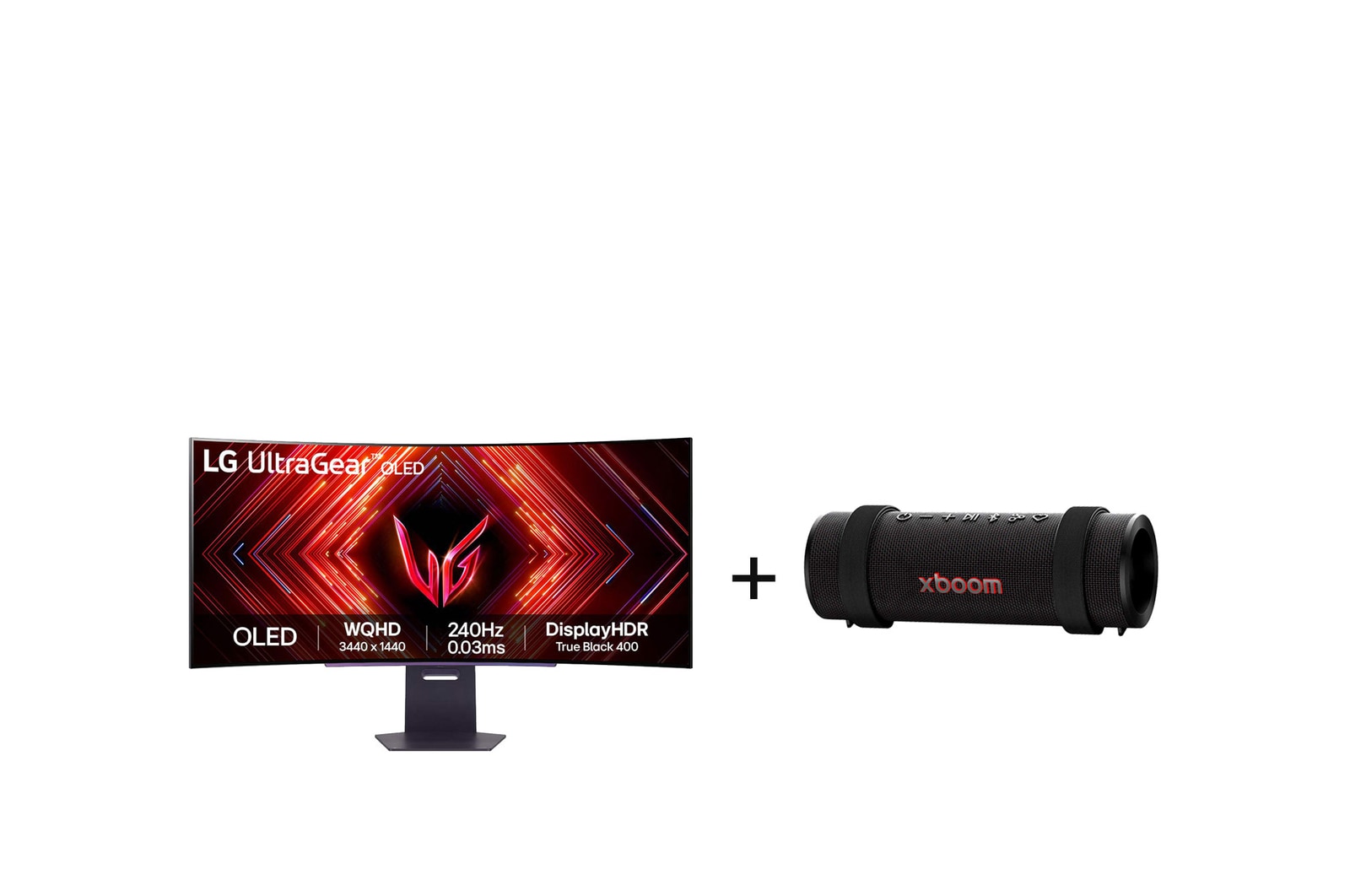 Vista frontal de Monitor Gamer LG UltraGear OLED Curvo – Tela OLED 45” + Caixa de Som Bluetooth LG xboom Grab by will.i.am - East LA 45GS95.GRAB