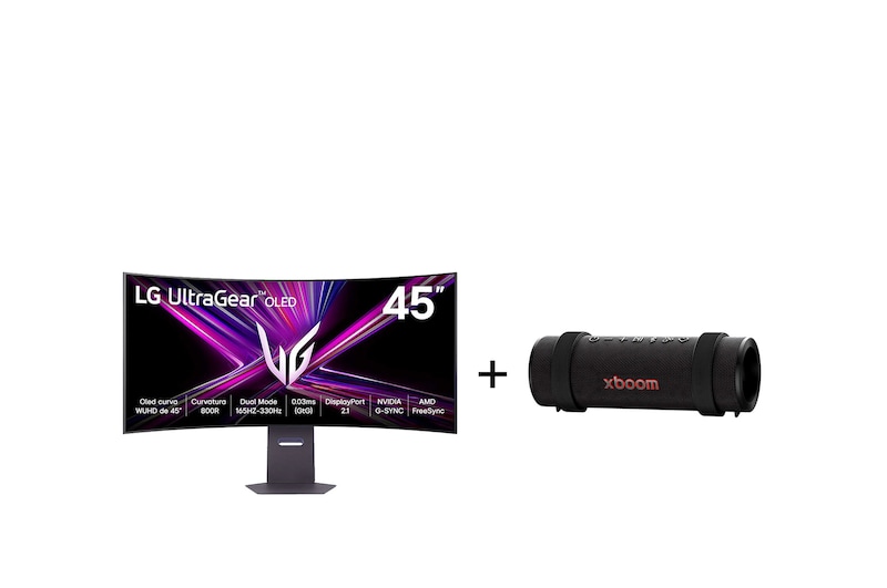 Vista frontal de Monitor LG OLED UltraGear™ 45GX950A 45",Dual-Mode 5K2K + Caixa de Som Bluetooth LG xboom Grab by will.i.am - East LA 45GX950.GRAB