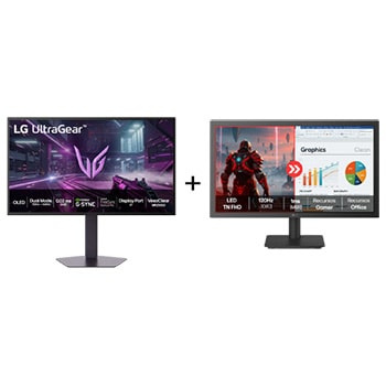 Vista frontal de Combo Monitor LG OLED UltraGear™ 27GX790A-B 27", 480Hz + Monitor LG FHD Home & Office 22U403A-B 22”, 1ms (MBR), 120Hz 27GX790.22U403