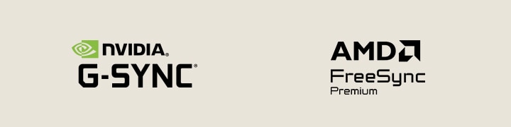 Logótipos do NVIDIA G-SYNC e do AMD FreeSync Premium, realçando a compatibilidade do monitor LG UltraGear 27G440A com ambas as tecnologias de sincronização adaptativa para jogos mais suaves e sem rasgos.