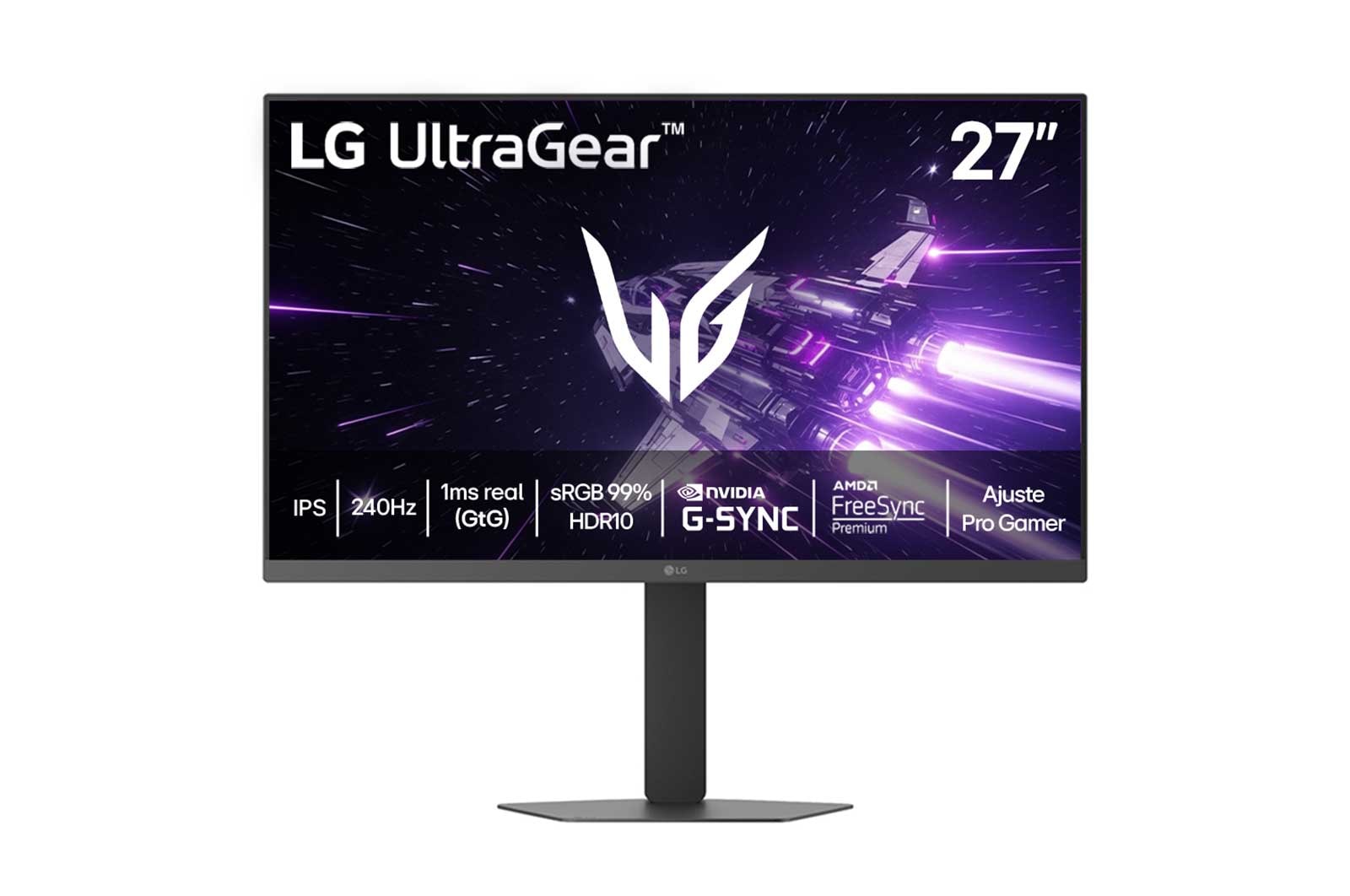 Vista frontal de Monitor LG UltraGear™ 27G440A-B, 240Hz, Tela IPS FHD 27", 1ms (GtG), NVIDIA G-SYNC, AMD FreeSync Premium, Ajuste ergonomia Pro Gamer, sRGB 99% (Typ.) & HDR10  27G440A-B