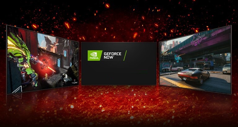 Há três TVs: uma no meio, virada para frente, com os logotipos NVIDIA GEFORCE NOW e Stadia na tela. A TV à esquerda mostra uma cena de Splitgate, e a TV à direita mostra uma cena de Cyberpunk 2077.