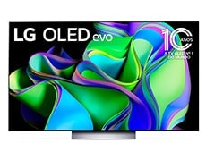 LG OLED C3 mostrando uma colorida obra de arte abstrata.