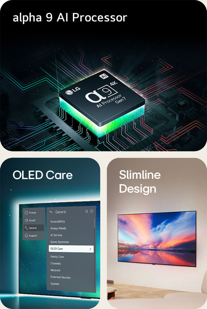 LG’s alpha 9 AI Processor on top of a motherboard, emitting orange bolts of light.  OLED TV with the OLED Care menu is selected in the support menu that is up on the screen.  The slimline design in a side of view as it is placed flat against the wall in a modern living space.