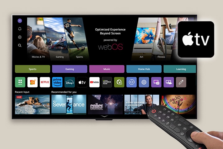 LG webOS home screen is placed with a black box saying "Apple(logo)tv"	