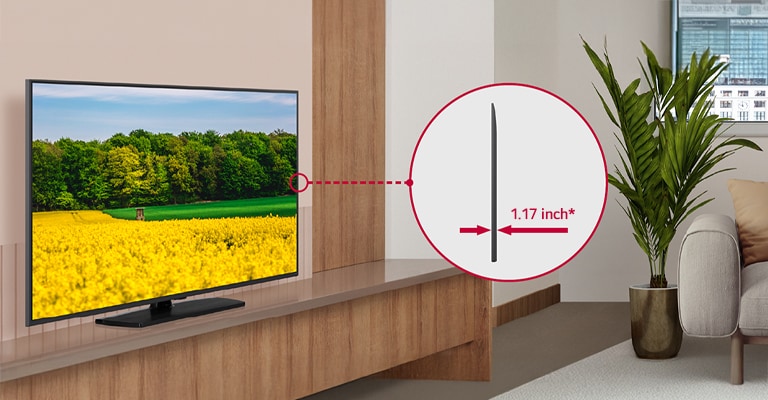 The UK777H is seamlessly installed in the hotel room, and a side view is shown to highlight its slim design.