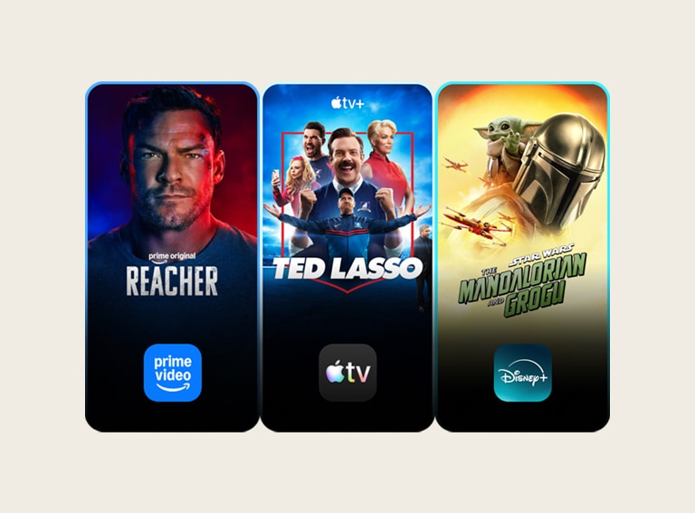 Four colored boxes featuring logos of popular streaming services with two TV show thumbnails each, illustrating a diverse selection of streaming content including shows, movies, and documentaries.