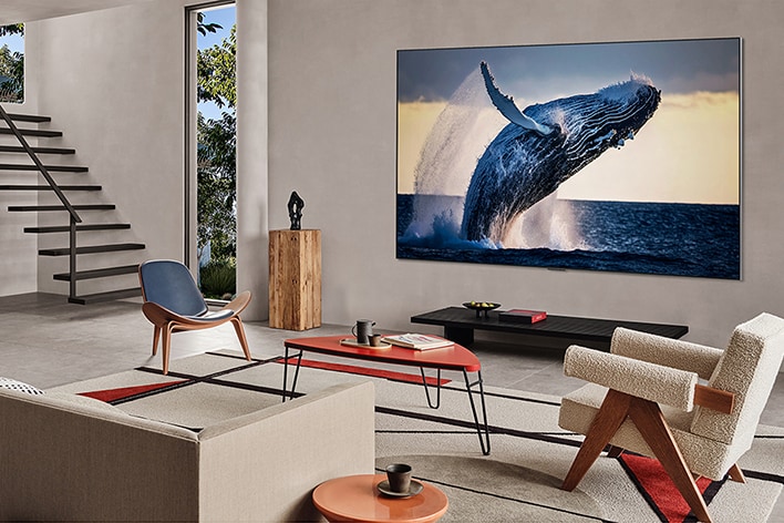 Living room with a TV mounted on the wall. Screen shows a high quality image of a whale leaping out of the water.