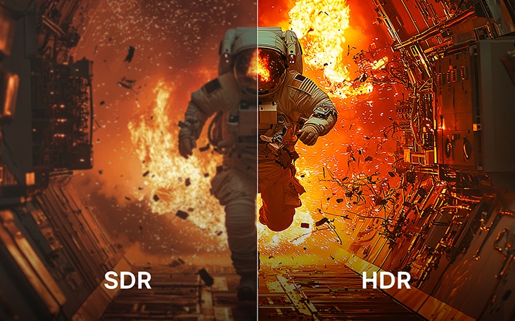 Scene of an astronaut running away from an explosion which is split in half. On one side, the colors and contrast are dull, this is labeled SDR. On the other, it's sharp and vivid, this is labeled HDR.