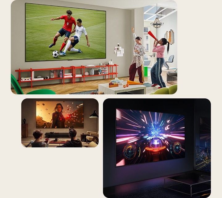 Different living rooms with people enjoying their Ultra Big TVs in different ways. In one room, they are watching sports. In the other room, they are watching a movie. In the last room, a video game is on the screen.