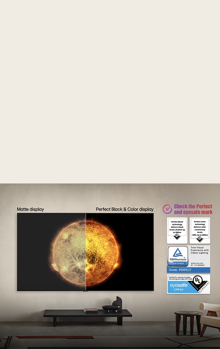 LG OLED TV showing a visual comparison between a display with Perfect Color and Perfect Black and one without. One side is labeled Matte display, the other side is labeled Perfect Black & Color Display. UL, TÜV, and eyesafe certifications are visible, with text prompting to check the marks.