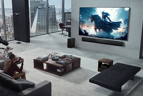 Living room with a person playing a video game on his wall-mounted LG True Wireless TV and LG Soundbar. He holds a controller in his hand, but the gaming console is not immediately visible. There are also no visible wires. The Zero Connect Box is tucked away, barely seen under a side table.
