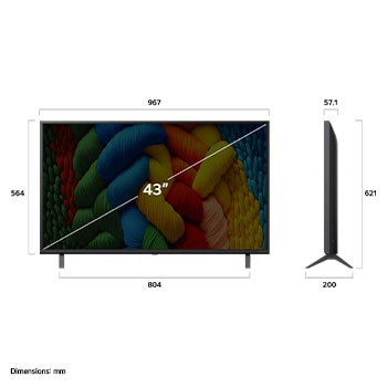 Front view and side view of LG NanoCell NANO80 AI 4K Smart TV showing its length, width, height, and depth dimensions.