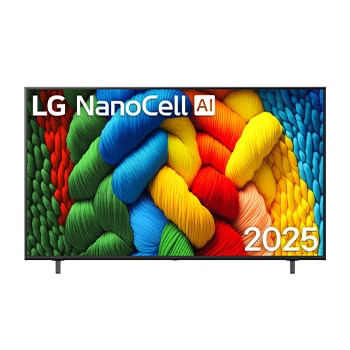 Front view of NanoCell TV, LG NanoCell Al Logo on the top corner. LG NanoCell NANO80 TV depicts colourful paintike textures coming together.