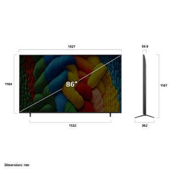 Front view and side view of LG NanoCell NANO80 AI 4K Smart TV showing its length, width, height, and depth dimensions.