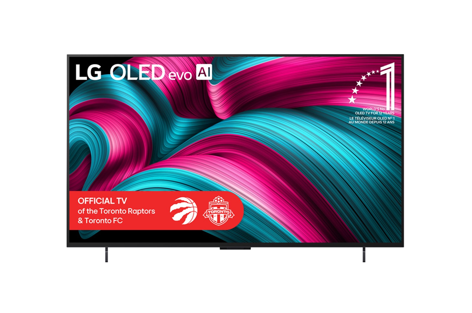 Front view of LG OLED evo AI C5 4K Smart TV. 12 Years of world number 1 OLED emblem and LG OLED evo AI 2025 logo are on the screen.