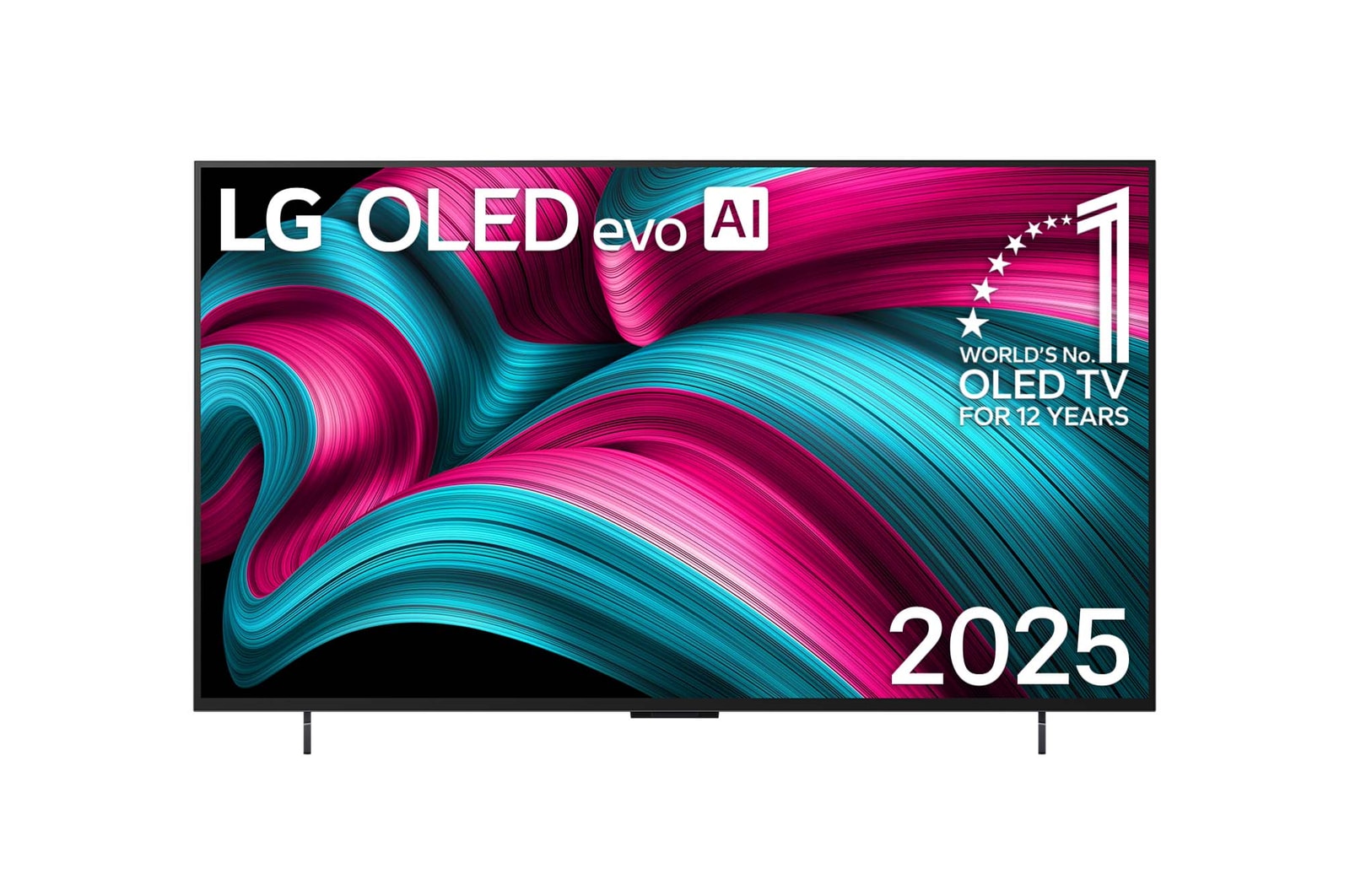Front view of LG OLED evo AI C5 4K Smart TV. 12 Years of world number 1 OLED emblem and LG OLED evo AI 2025 logo are on the screen.