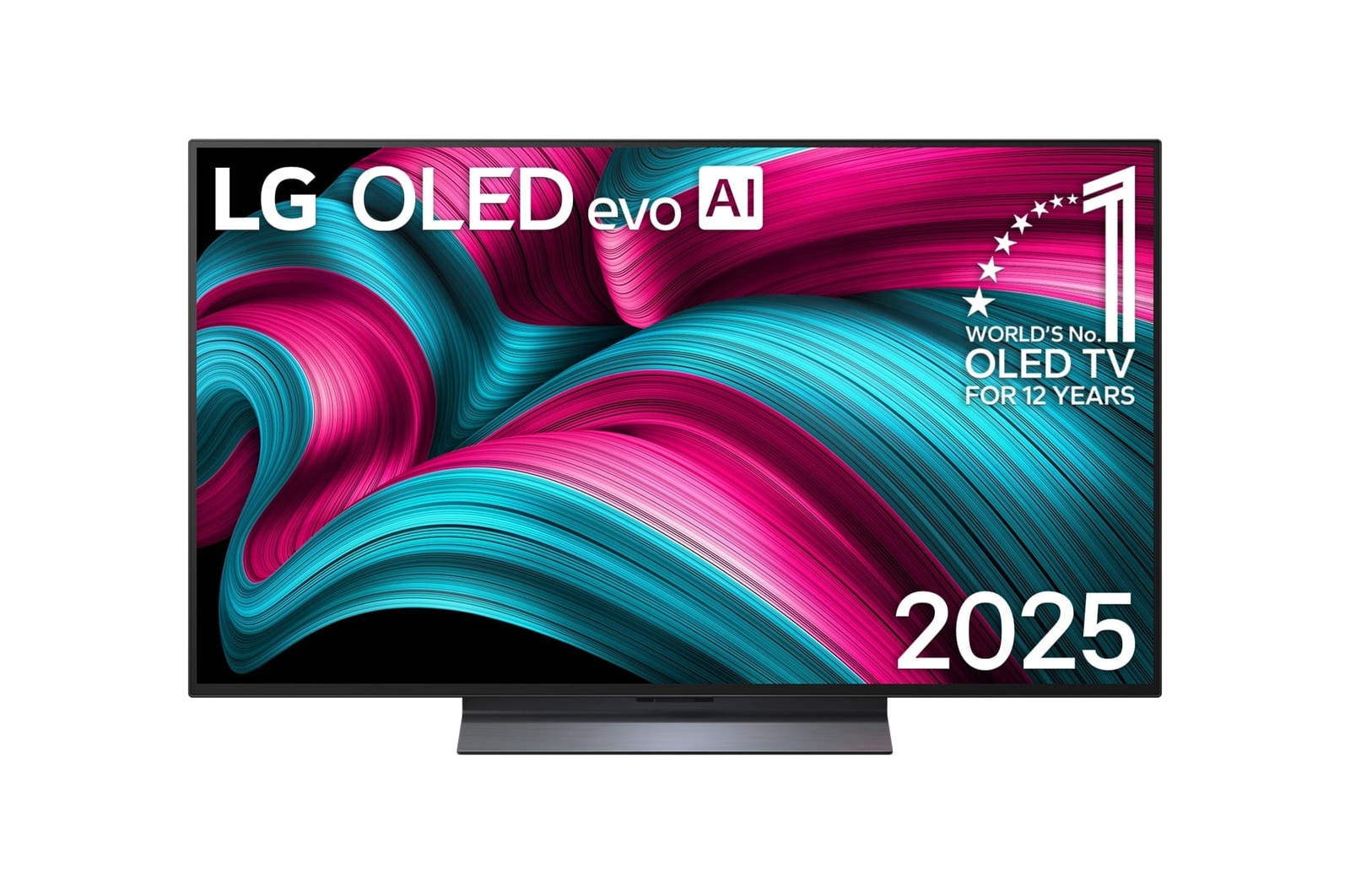 Front view of LG OLED evo AI C5 4K Smart TV. 12 Years of world number 1 OLED emblem and LG OLED evo AI 2025 logo are on the screen.