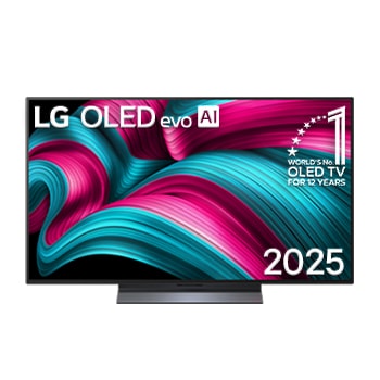 Front view of LG OLED evo AI C5 4K Smart TV. 12 Years of world number 1 OLED emblem and LG OLED evo AI 2025 logo are on the screen.