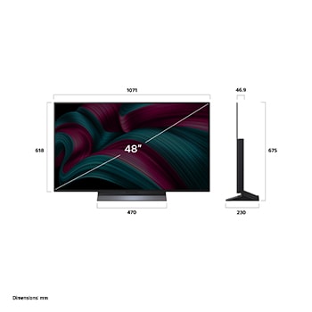 Front view and side view of LG OLED evo AI C5 4K Smart TV showing its length, width, height, and depth dimensions.