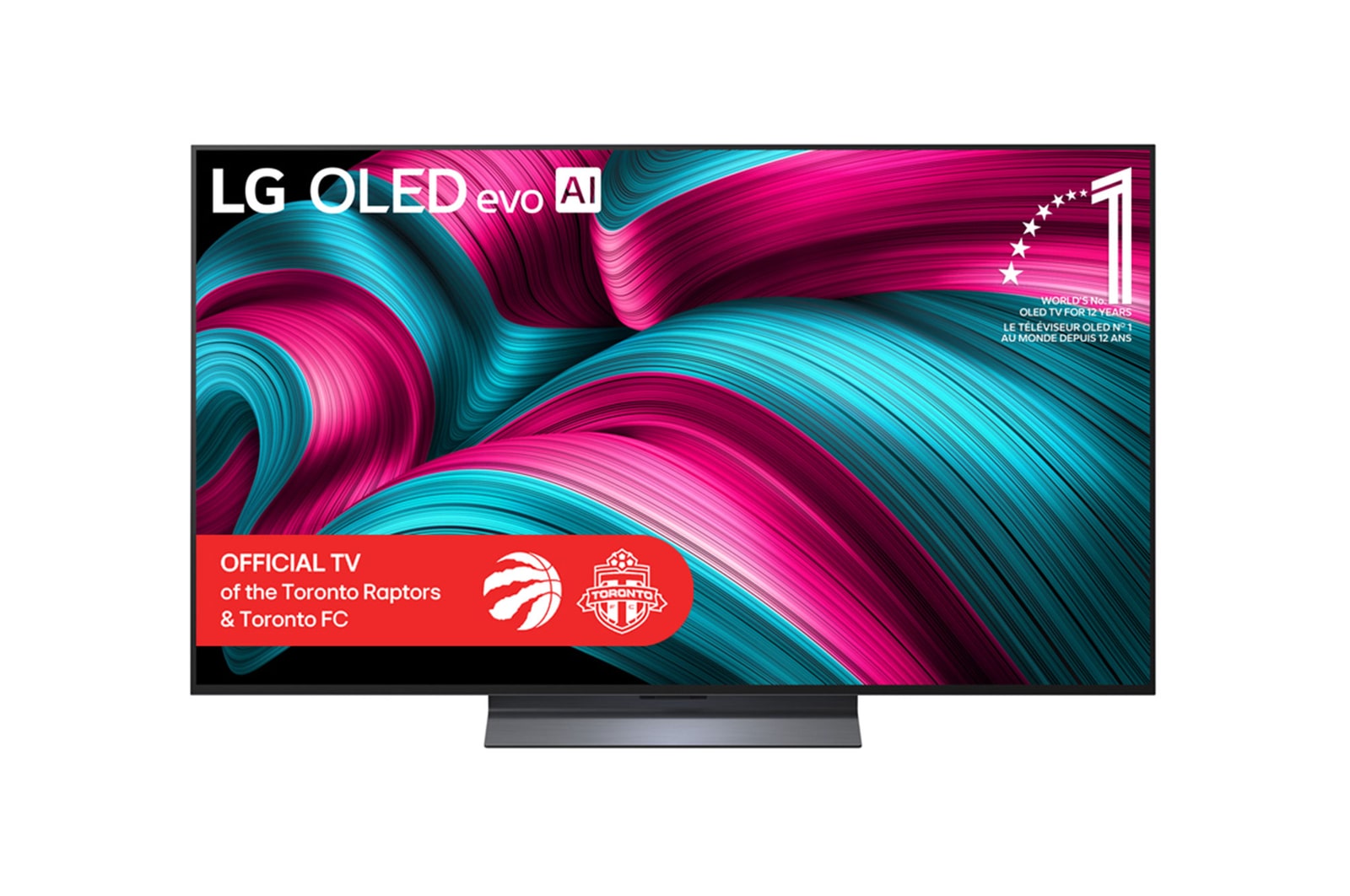 Front view of LG OLED evo AI C5 4K Smart TV. 12 Years of world number 1 OLED emblem and LG OLED evo AI 2025 logo are on the screen.