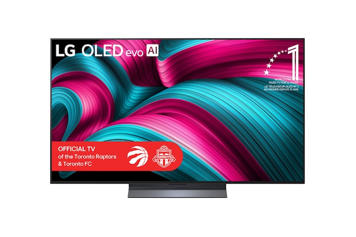 Front view of LG OLED evo AI C5 4K Smart TV. 12 Years of world number 1 OLED emblem and LG OLED evo AI 2025 logo are on the screen.