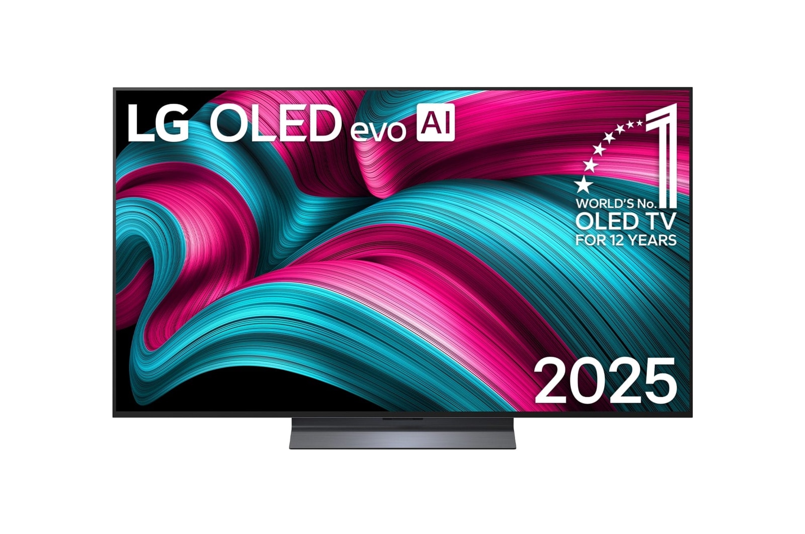 Front view of LG OLED evo AI C5 4K Smart TV. 12 Years of world number 1 OLED emblem and LG OLED evo AI 2025 logo are on the screen.