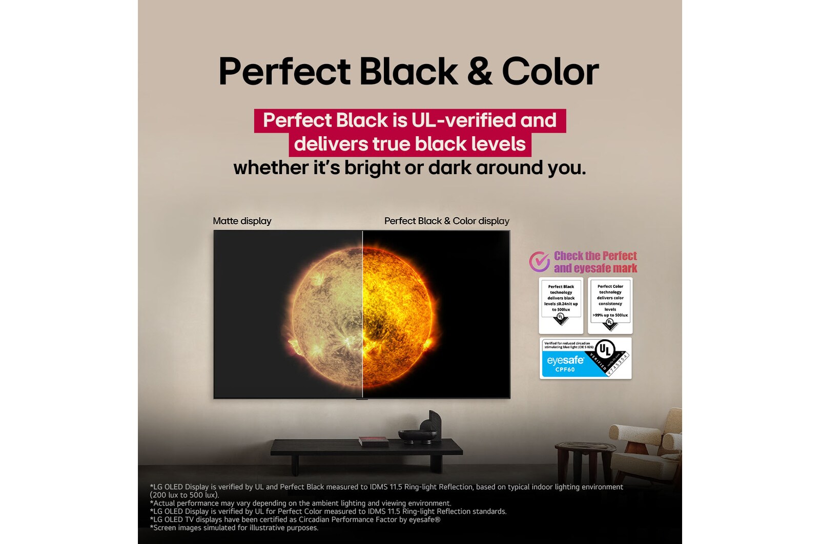 LG OLED TV showing a visual comparison between a display with Perfect Color and Perfect Black and one without. UL and eyesafe certifications are visible with text prompting to check the marks.