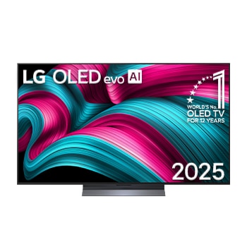 Front view of LG OLED evo AI C5 4K Smart TV. 12 Years of world number 1 OLED emblem and LG OLED evo AI 2025 logo are on the screen.