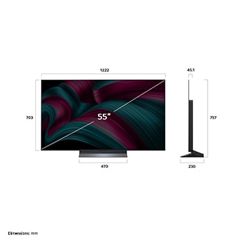 Front view and side view of LG OLED evo AI C5 4K Smart TV showing its length, width, height, and depth dimensions.