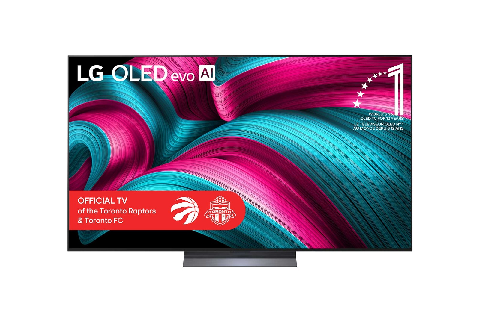 Front view of LG OLED evo AI C5 4K Smart TV. 12 Years of world number 1 OLED emblem and LG OLED evo AI 2025 logo are on the screen.