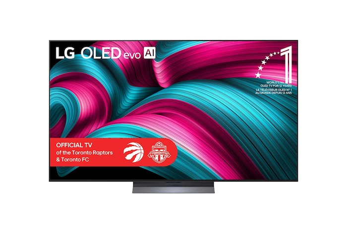 Front view of LG OLED evo AI C5 4K Smart TV. 12 Years of world number 1 OLED emblem and LG OLED evo AI 2025 logo are on the screen.