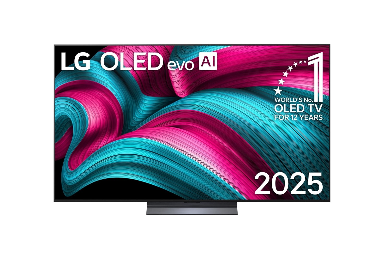 Front view of LG OLED evo AI C5 4K Smart TV. 12 Years of world number 1 OLED emblem and LG OLED evo AI 2025 logo are on the screen.