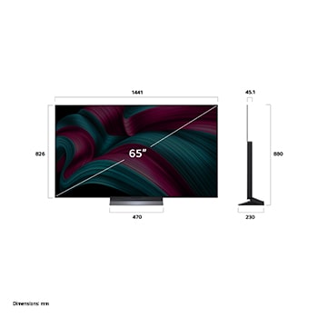 Front view and side view of LG OLED evo AI C5 4K Smart TV showing its length, width, height, and depth dimensions.