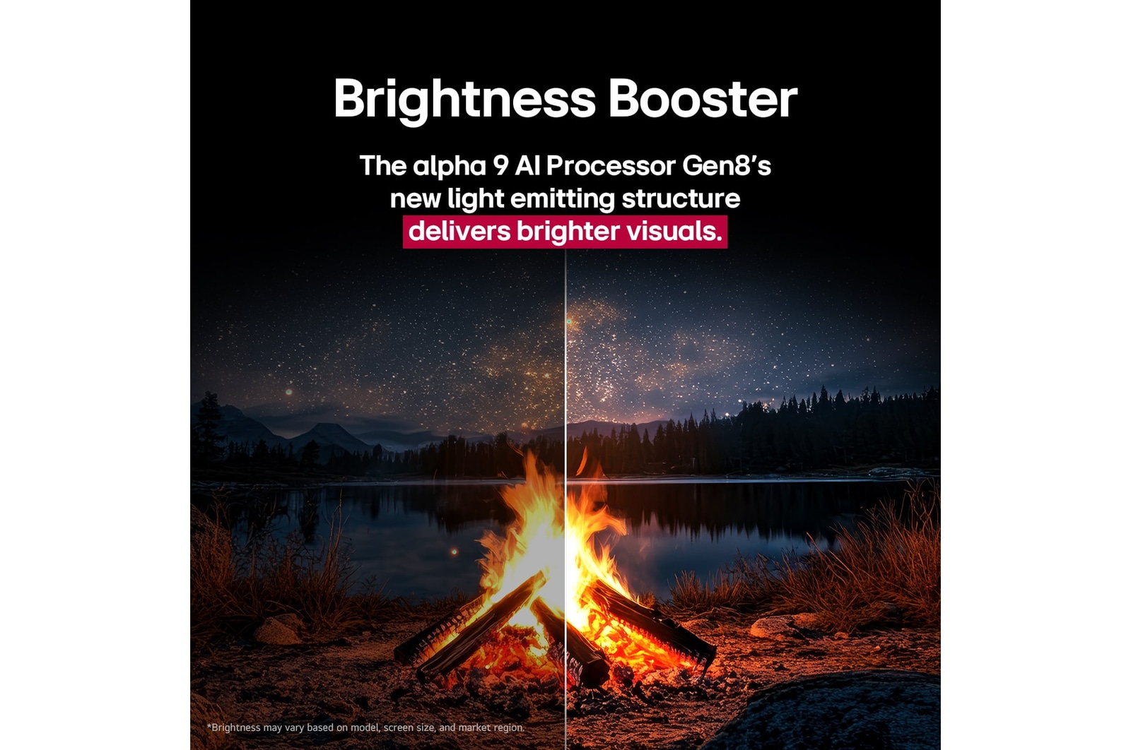 Campfire at night in the middle of nature. In the distance is a forest and lake. The evening sky is filled with stars. The whole scene is split in half. One side is darker and duller. The other half is remarkably brighter, showcasing the impressive brilliance from Brightness Booster. 