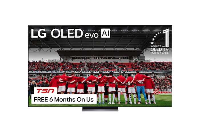 Front view of LG OLED evo AI C5 4K Smart TV. 12 Years of world number 1 OLED emblem and LG OLED evo AI 2025 logo are on the screen.