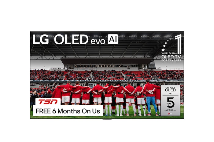 Front view of LG OLED evo AI G5 4K Smart TV. 12 Years of world number 1 OLED emblem and LG OLED evo AI 2025 logo are on the screen.