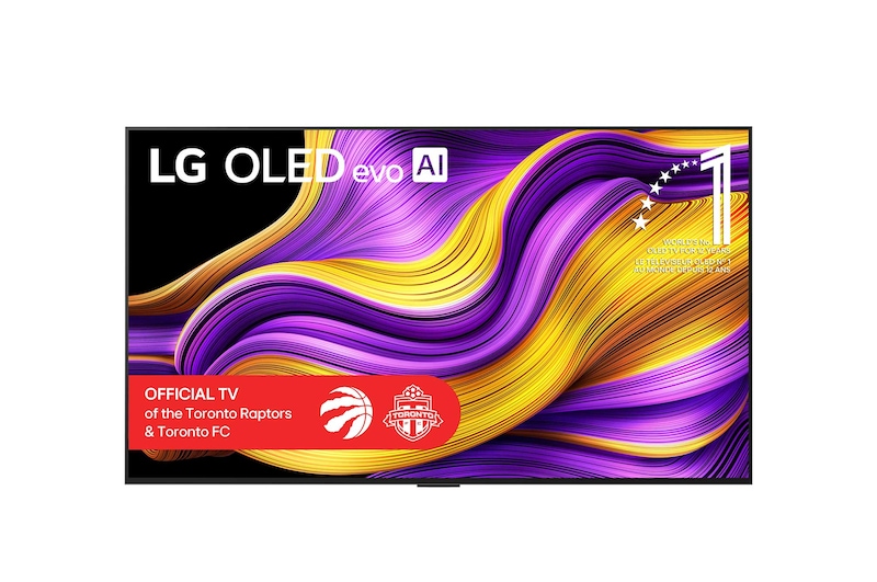 Front view of LG OLED evo AI G5 4K Smart TV. 12 Years of world number 1 OLED emblem and LG OLED evo AI 2025 logo are on the screen.