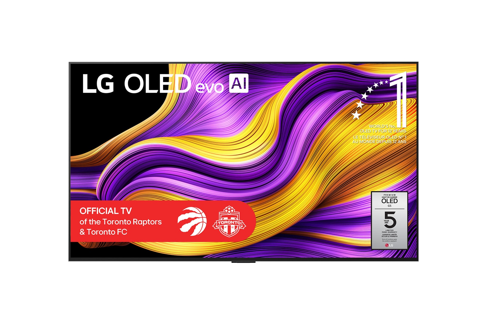 Front view of LG OLED evo AI G5 4K Smart TV. 12 Years of world number 1 OLED emblem and LG OLED evo AI 2025 logo are on the screen.