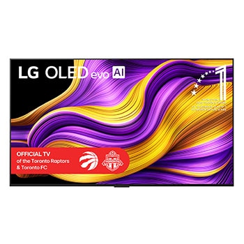 Front view of LG OLED evo AI G5 4K Smart TV. 12 Years of world number 1 OLED emblem and LG OLED evo AI 2025 logo are on the screen.