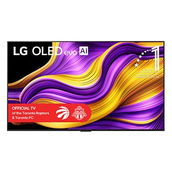 Front view of LG OLED evo AI G5 4K Smart TV. 12 Years of world number 1 OLED emblem and LG OLED evo AI 2025 logo are on the screen.
