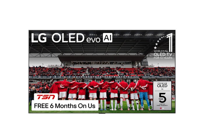 Front view of LG OLED evo AI G5 4K Smart TV. 12 Years of world number 1 OLED emblem and LG OLED evo AI 2025 logo are on the screen.