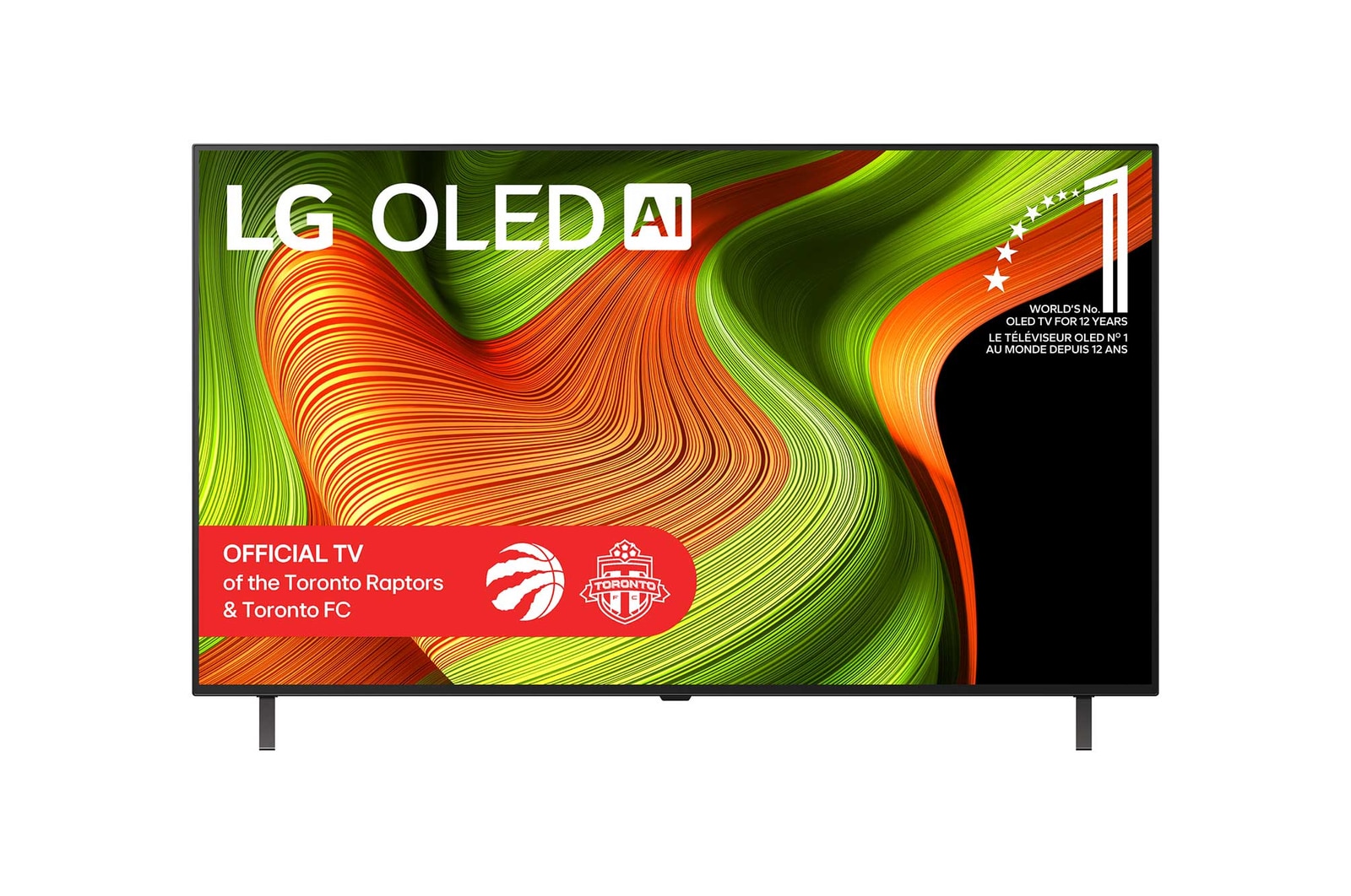 Front view of LG OLED AI B5 4K Smart TV. 12 Years of world number 1 OLED emblem and LG OLED AI 2025 logo are on the screen.