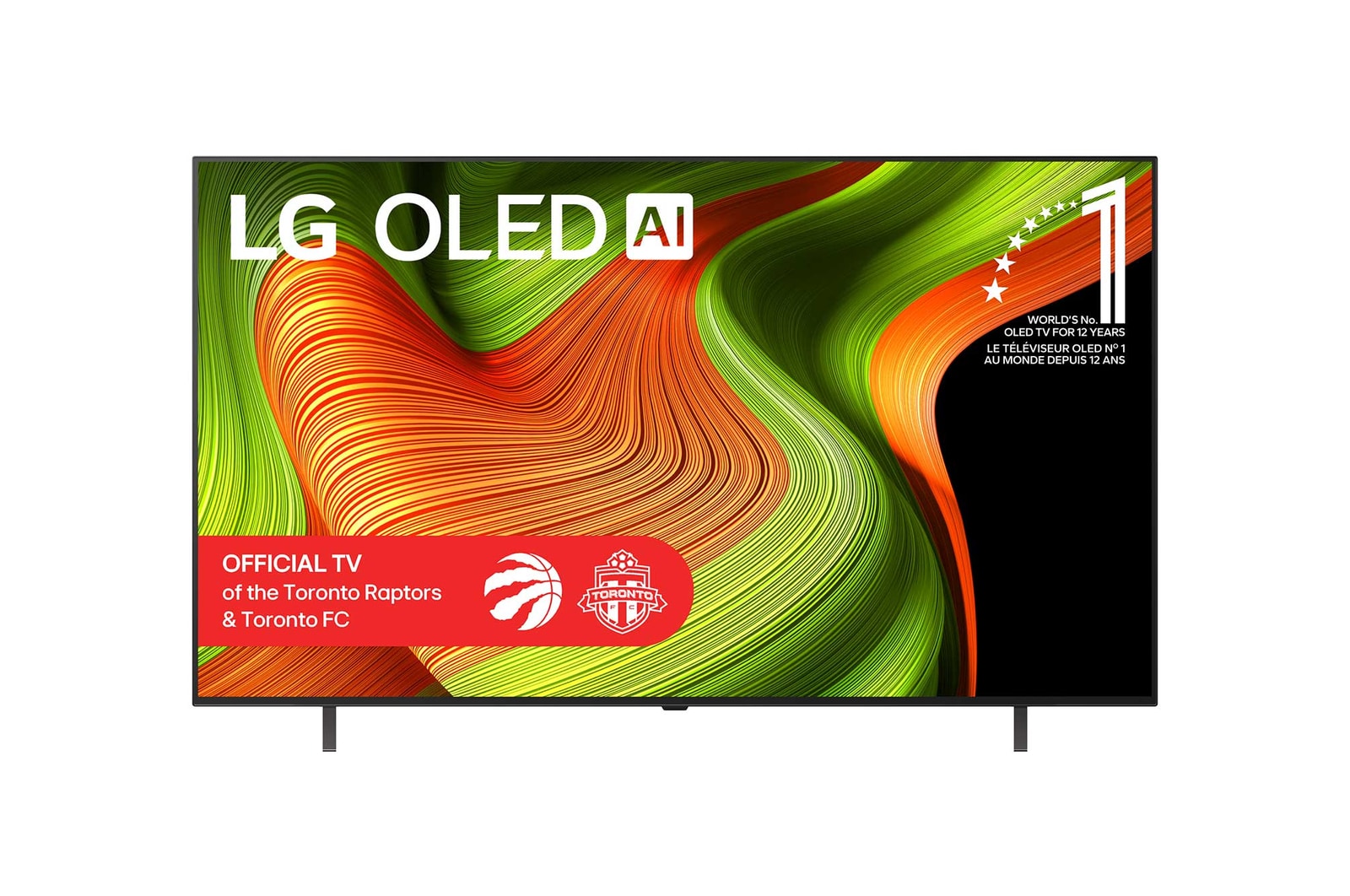 Front view of LG OLED AI B5 4K Smart TV. 12 Years of world number 1 OLED emblem and LG OLED AI 2025 logo are on the screen.