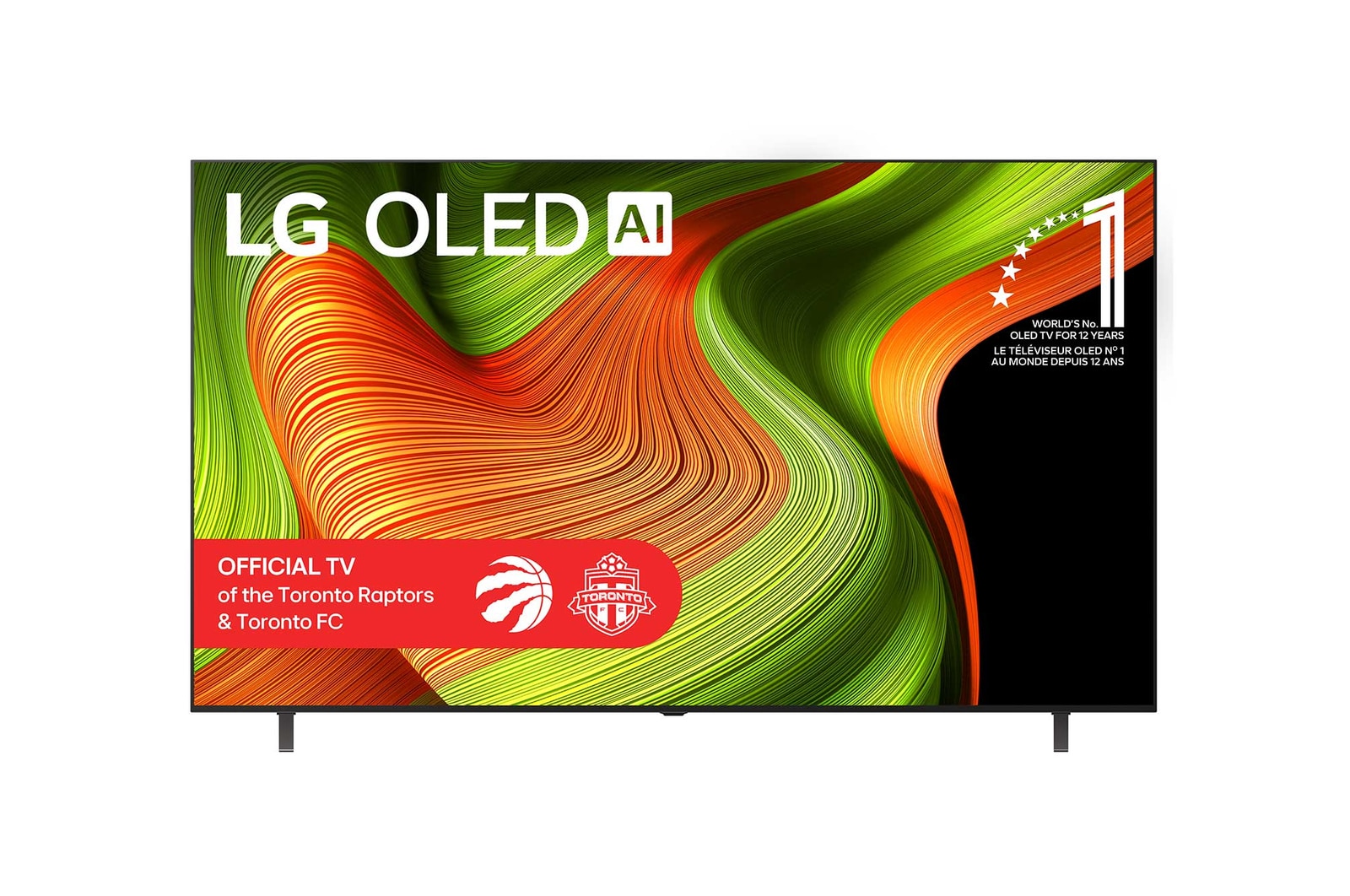 Front view of LG OLED AI B5 4K Smart TV. 12 Years of world number 1 OLED emblem and LG OLED AI 2025 logo are on the screen.