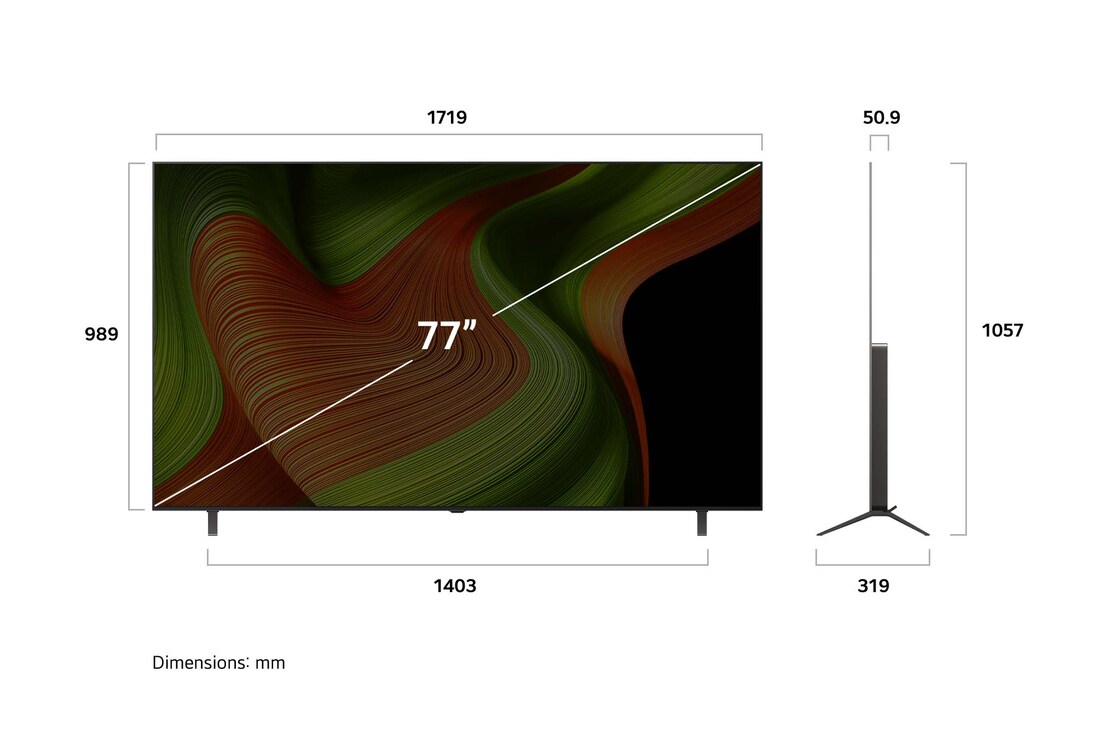 Front view and side view of LG OLED AI B5 4K Smart TV showing its length, width, height, and depth dimensions.