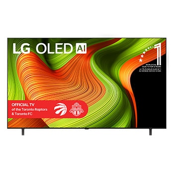 Front view of LG OLED AI B5 4K Smart TV. 12 Years of world number 1 OLED emblem and LG OLED AI 2025 logo are on the screen.