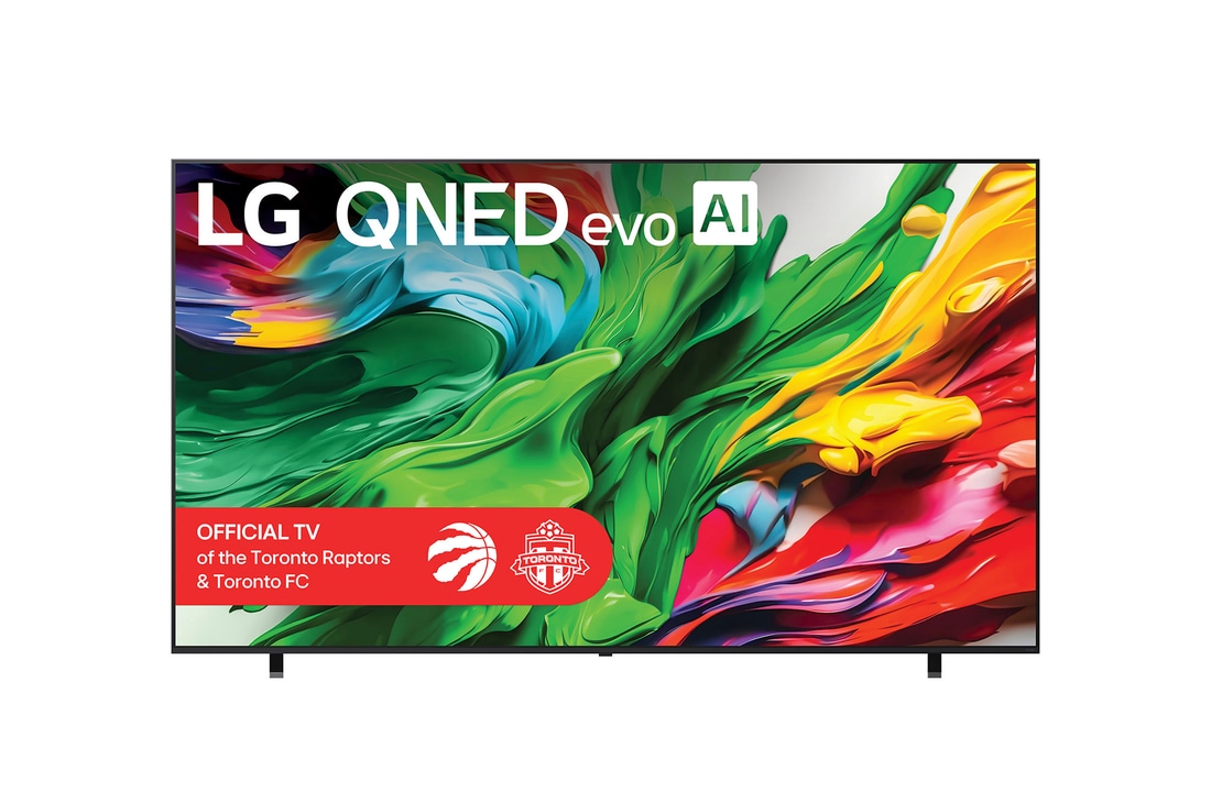 Front view of LG QNED evo QNED85 TV, LG QNED evo Al Logo on the top corner. LG QNED evo QNED85 TV depicts colorful paintike textures coming together.