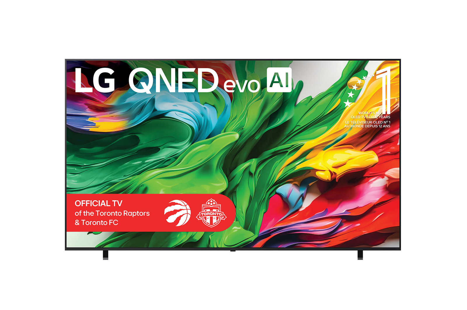 Front view of LG QNED evo QNED85 TV, LG QNED evo Al Logo on the top corner. LG QNED evo QNED85 TV depicts colorful paintike textures coming together.