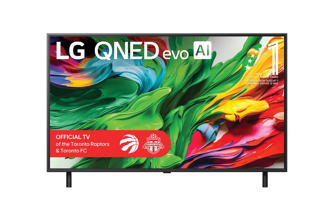 Front view of LG QNED evo QNED85 TV, LG QNED evo Al Logo on the top corner. LG QNED evo QNED85 TV depicts colourful paintike textures coming together.